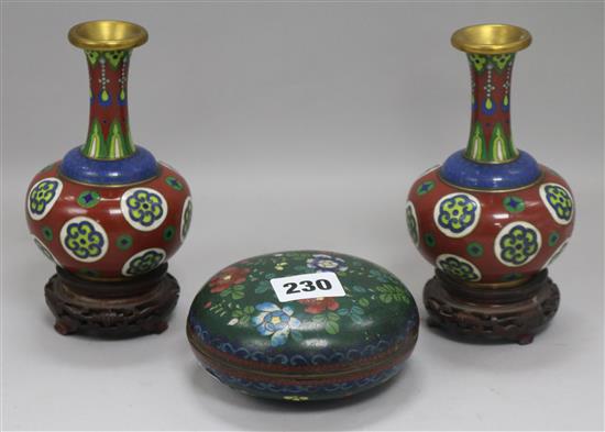 A pair of Chinese cloisonne enamel vases and a box